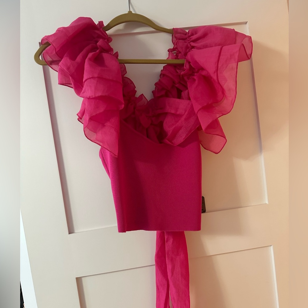 Pink crop puff shoulder tank